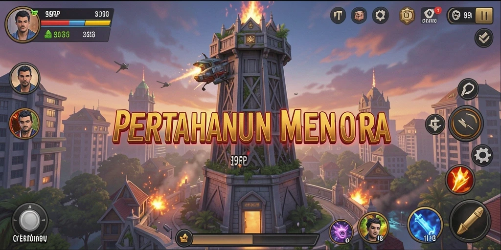Tampilan gameplay 99RP dengan menara yang menembak musuh.