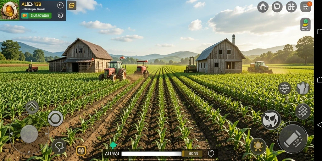 Screenshot gameplay ALIEN138 menampilkan aktivitas bertani yang seru.