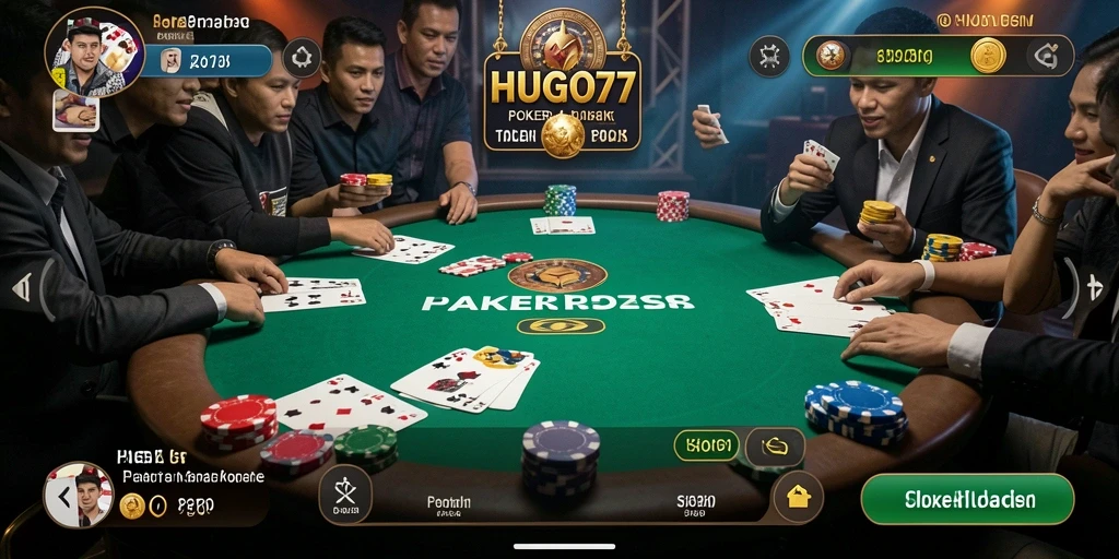 Screenshot gameplay utama HUGO77 menampilkan aksi seru permainan Poker.