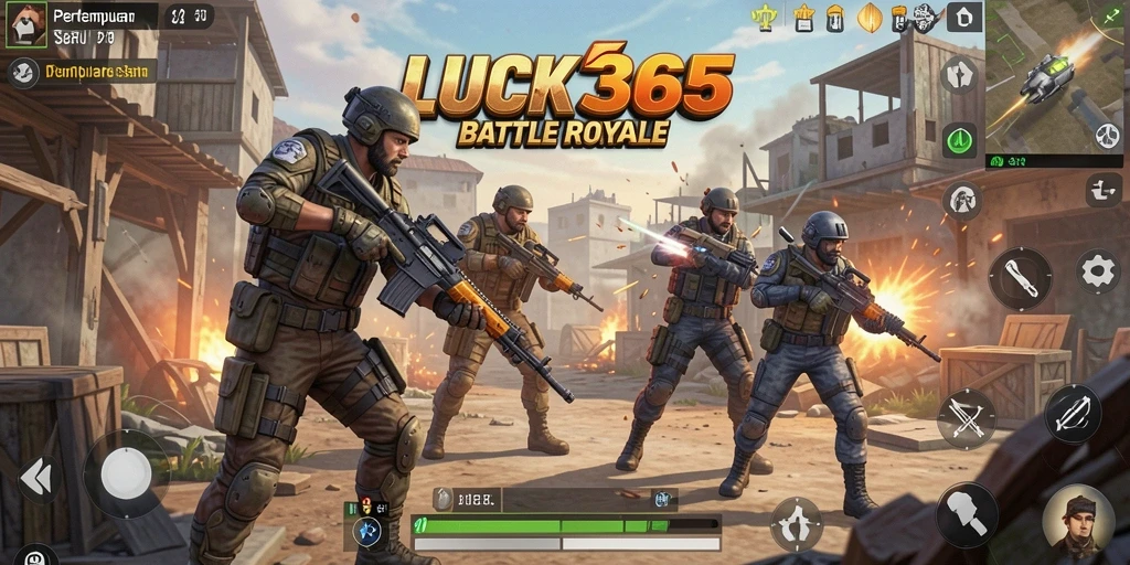 Screenshot gameplay LUCK365 menampilkan pertempuran intens di medan perang Battle Royale.