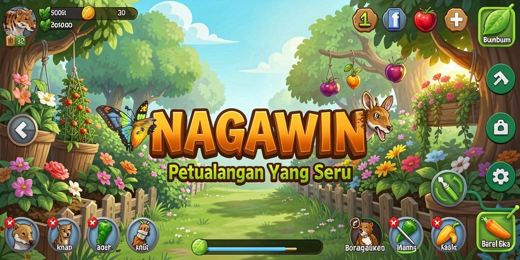 Screenshot gameplay NAGAWIN yang menampilkan aktivitas berkebun yang seru.