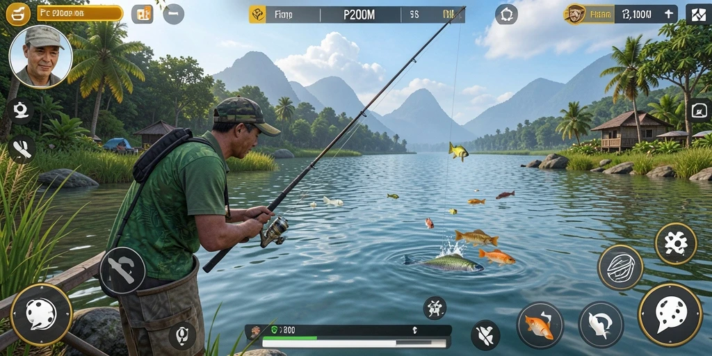 Gameplay P200M menampilkan aksi memancing yang menegangkan dan lokasi yang memukau.