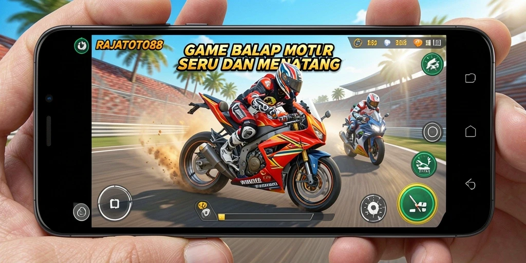 Tampilan gameplay seru dari RAJATOTO88 dengan motor balap.