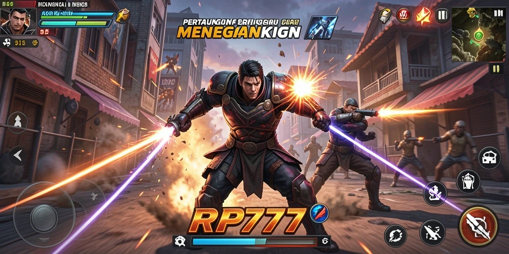 Screenshot RP777 menunjukkan karakter bertarung dalam arena dengan efek visual yang mengesankan.