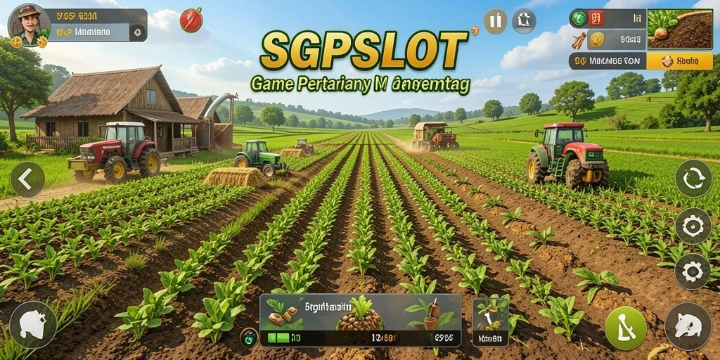 Tampilan screenshot SGPSLOT memperlihatkan aksi seru bertani dan memanen hasil pertanian.