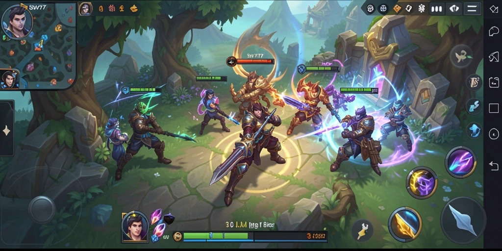 Gameplay SOV777 menampilkan pertarungan seru antar karakter dalam arena MOBA.