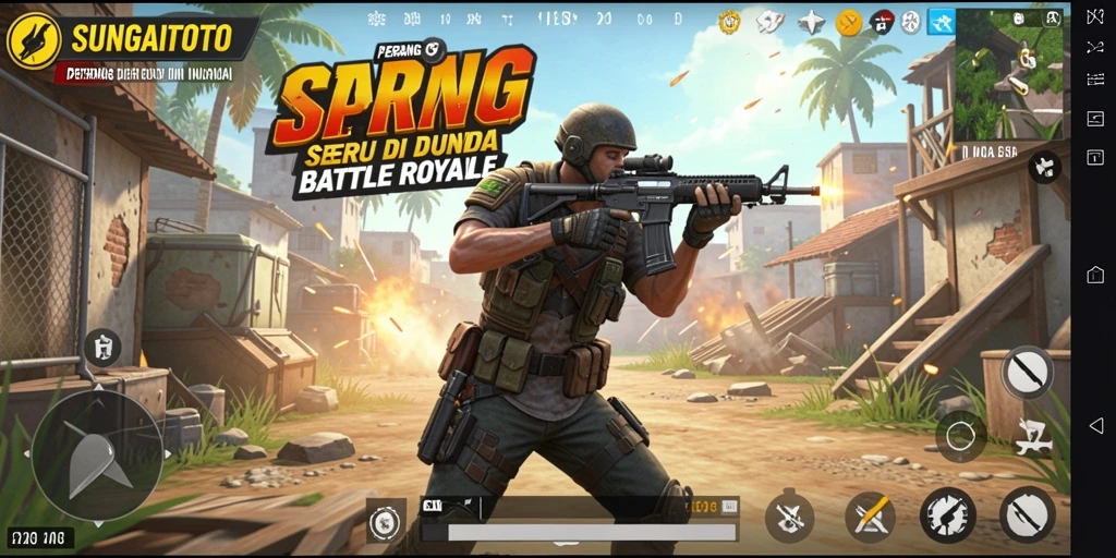 Tangkapan layar utama SUNGAITOTO menampilkan aksi intens dalam pertempuran Battle Royale.