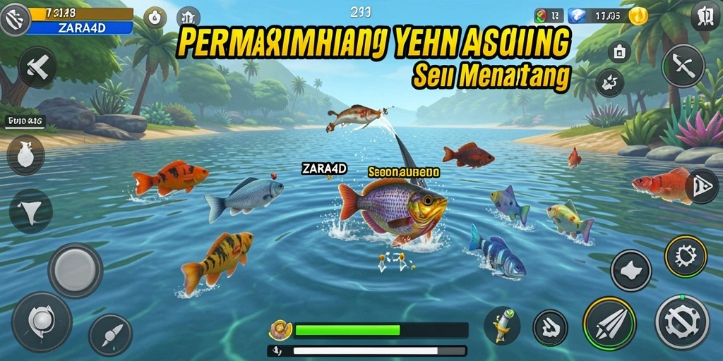 Screenshot utama ZARA4D menunjukkan pemain yang sedang asyik memancing di tepi danau.