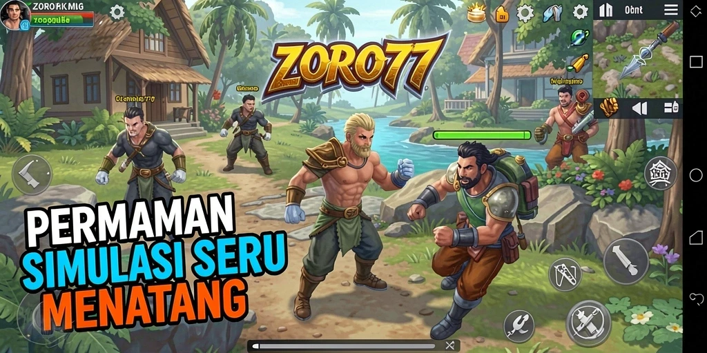 Tampilan layar gameplay ZORO77 dengan berbagai aktivitas simulasi.